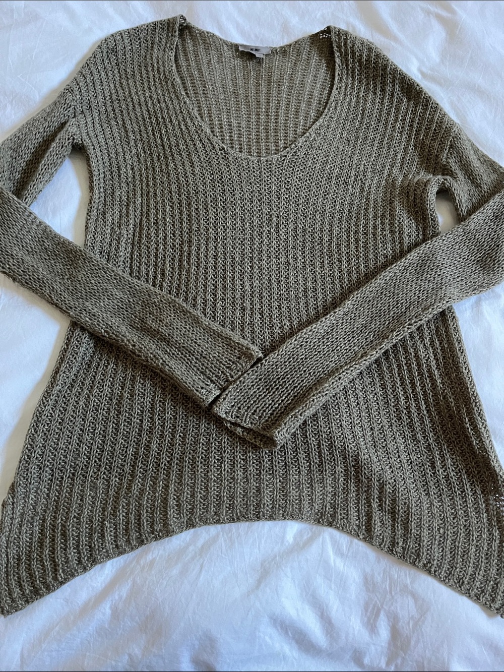 Helmut Lang green knit wool blend fall layering sweater lagenlook scoop v-neck